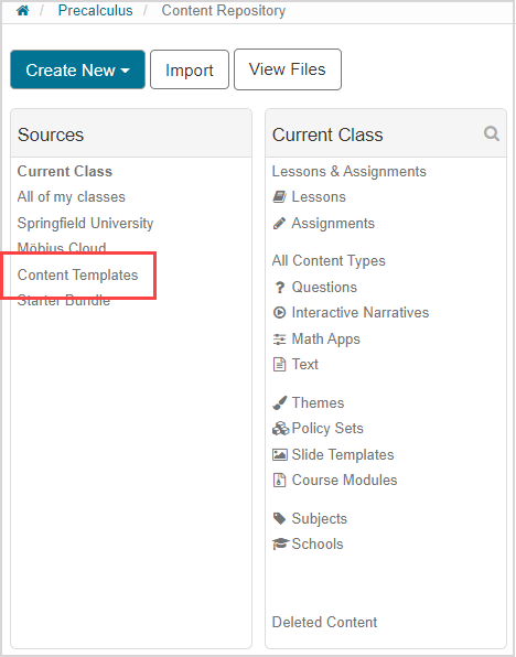 Under Sources pane in the Content Repository, Content Templates is highlighted.
